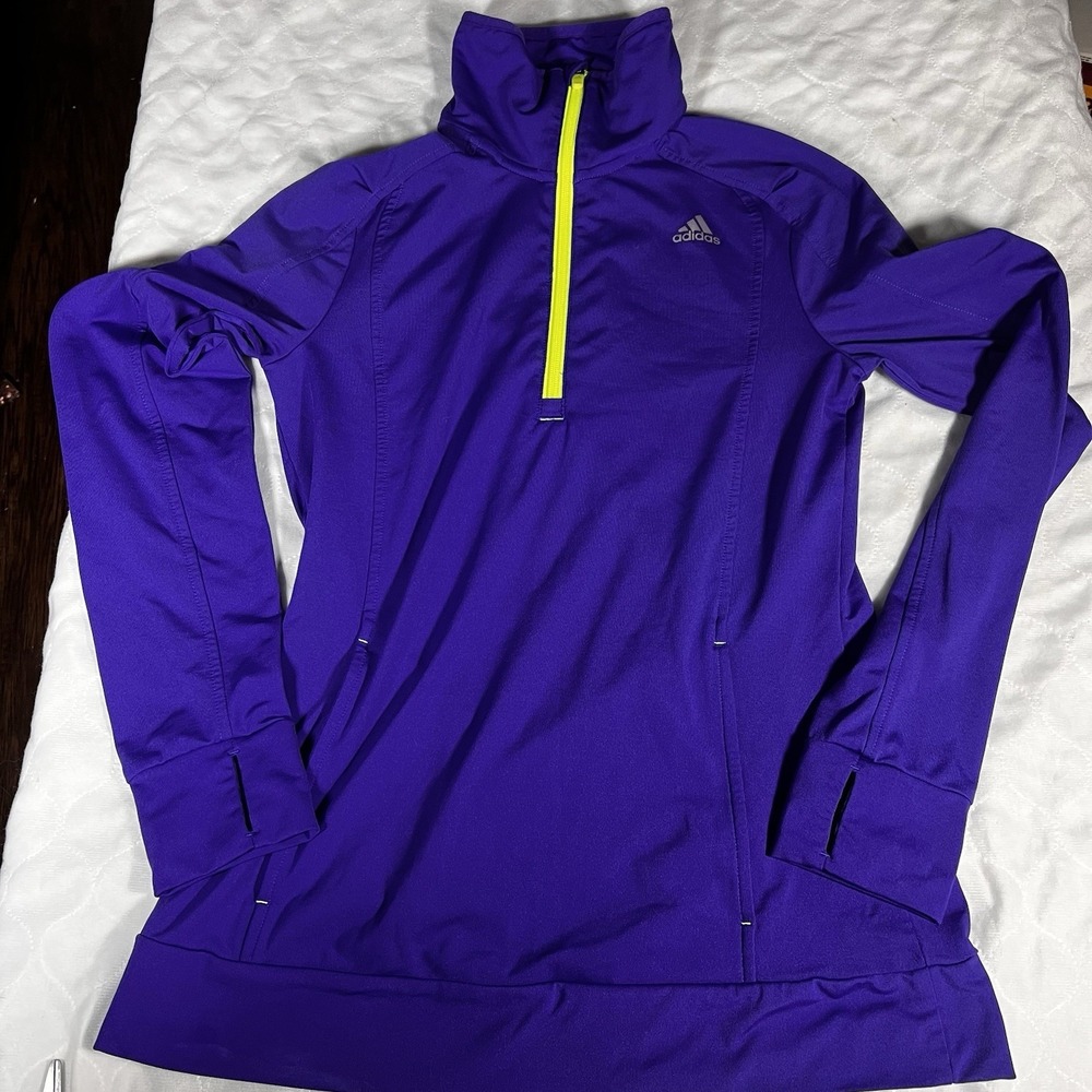 Women's Adidas Climawarm‎ Jacket Purple W/ Bright Green Quarter Zipper Sz Small